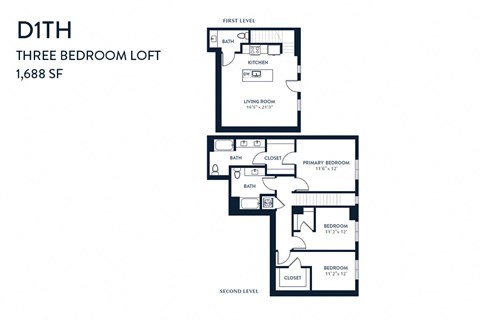 Floor plan for 3 beds, 2.5 baths, 1688 sqft